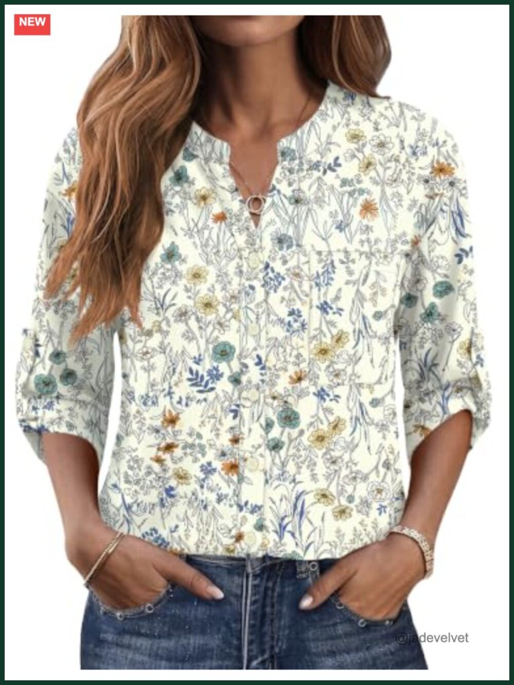 Women's Button Down Shirt 3/4 Sleeve Casual Work Top V-Neck Floral Polyester